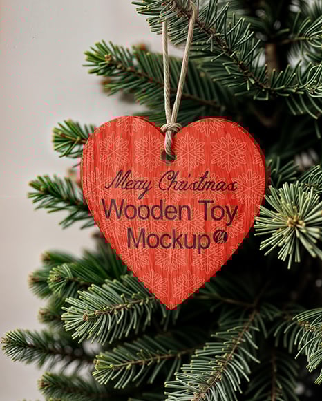 Wooden Heart Shaped Toy on Christmas Tree Mockup - Christmas mockup