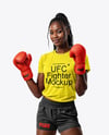 Black Female UFC Fighter Wearing T-Shirt & Shorts Mockup