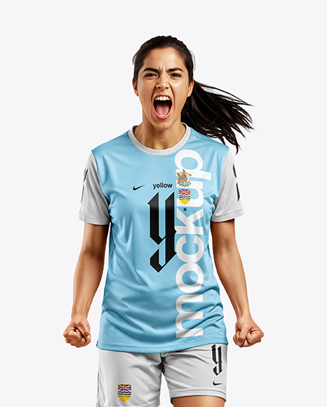 Female Soccer Player Wearing Jersey and Shorts Mockup