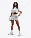 Black Female UFC Fighter Wearing T-Shirt & Shorts Mockup