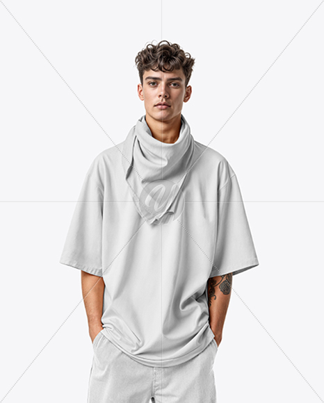 Curly Man Wearing T-shirt and Bandana Mockup