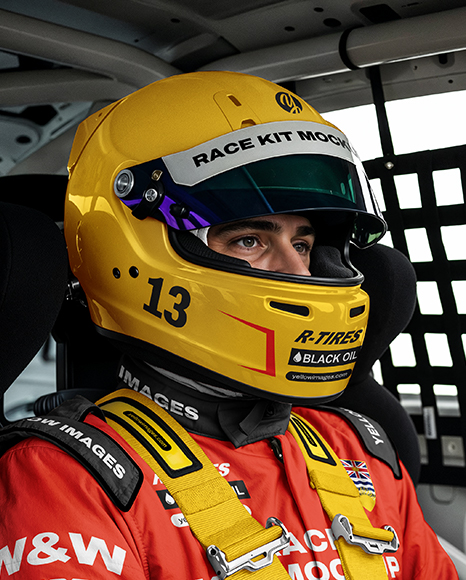 Man Wearing Racing Kit In Nascar Car Mockup