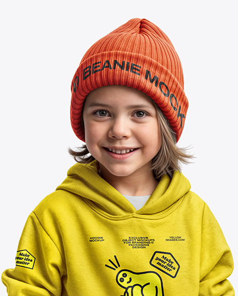 Boy Wearing a Hoodie and Beanie Hat Mockup