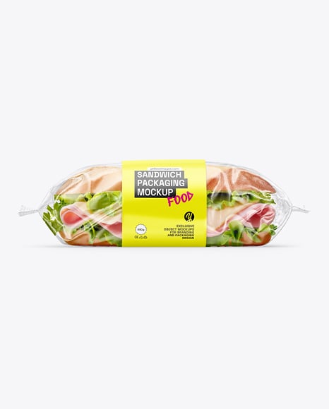 Clear Plastic Flow-Pack with Sandwich in Paper Sleeve Mockup - Snack+Food+Packaging+Mockup+In+Flow+Pack+Mockups+On+Yellow+Images
