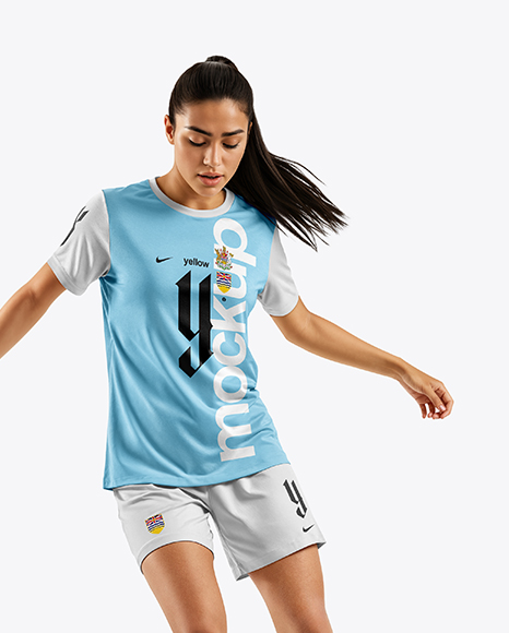 Female Soccer Player Wearing Jersey and Shorts Mockup