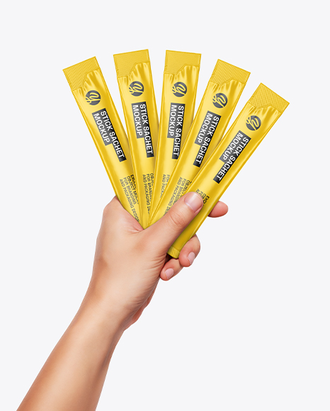 Five Sachets in a Hand Mockup