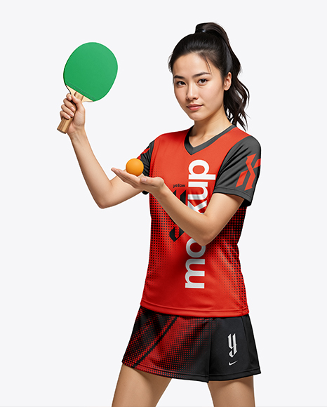 Woman Wearing Table Tennis Uniform Mockup - Children's+Uniform+Mockup