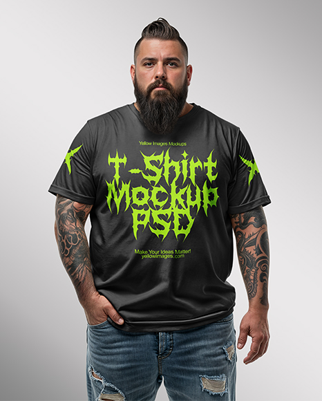 Fat Bearded Man Wearing T-shirt and Ripped Jeans Mockup