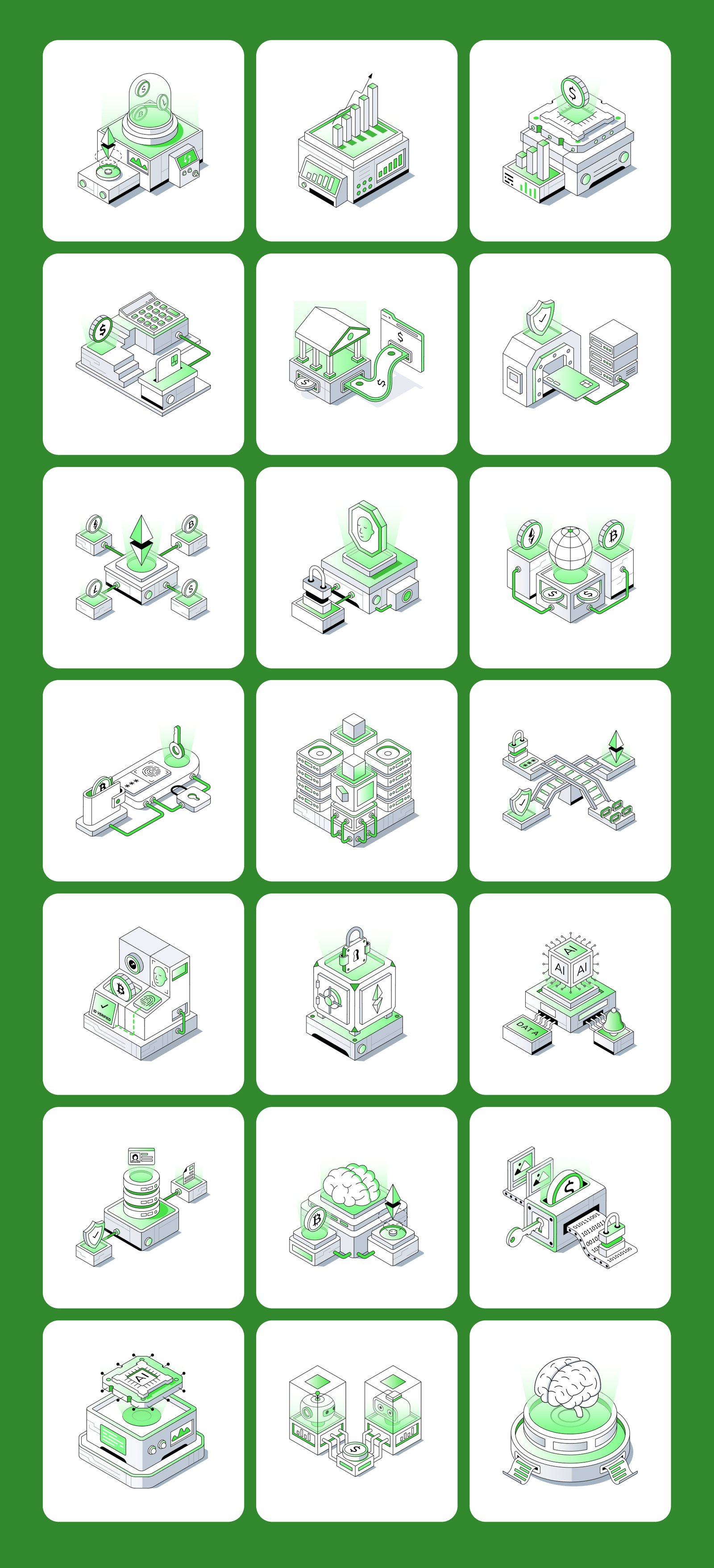 70 Fintech &amp; Blockchain Isometric Illustrations