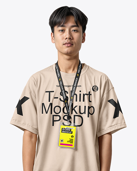 Young Man Wearing T-shirt with ID Card Mockup