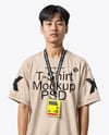 Young Man Wearing T-shirt with ID Card Mockup