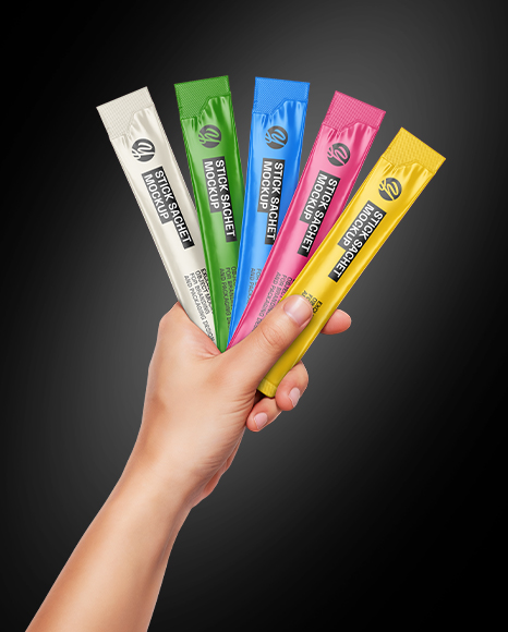 Five Sachets in a Hand Mockup