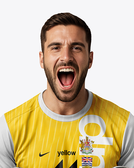 Man Wearing Soccer Jersey and Shorts Holds Cup Mockup