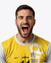 Man Wearing Soccer Jersey and Shorts Holds Cup Mockup