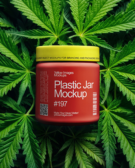 Plastic Supplements Jar on a Hemp Leaves Mockup