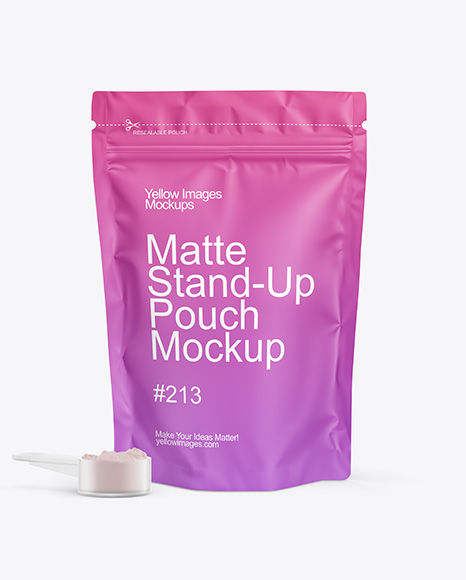 Matte Plastic Stand-up Pouch with Powder Scoop Mockup - Coffee packaging mockup