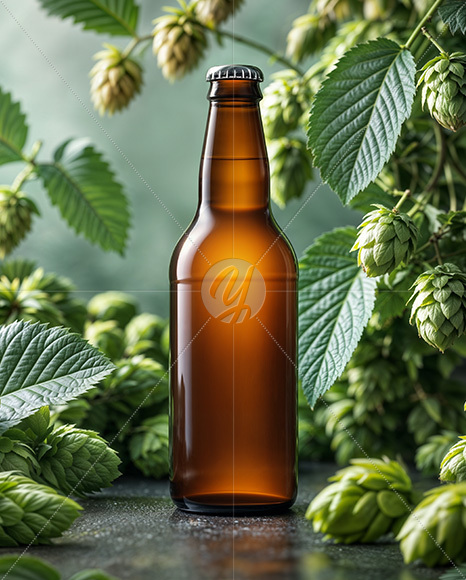 Beer Bottle Surrounded by Hops Branches Mockup