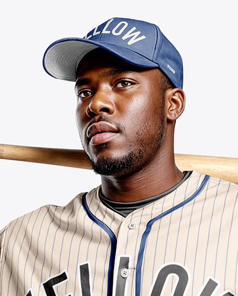 Black Man Wearing a Full Baseball Kit with Bat Mockup