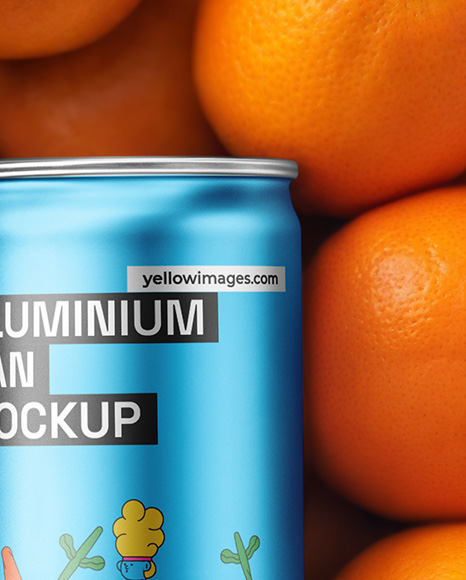 8.5oz Slim Drink Can on a Stack of Oranges Mockup