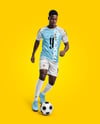 Afro-American Man Wearing Raglan Soccer Jersey and Shorts Mockup