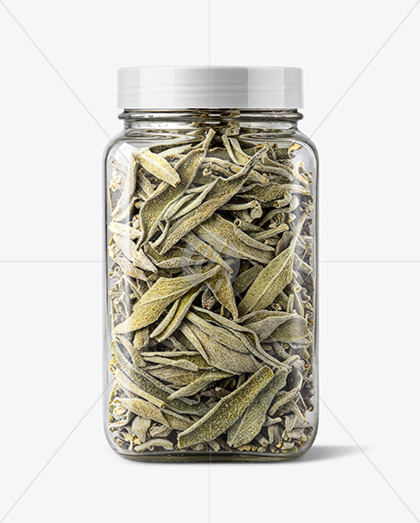 Square Plastic Jar with Sage Herb Mockup