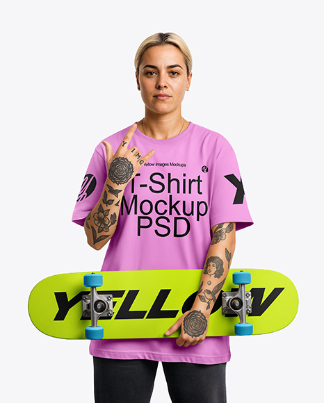 Woman Wearing T-shirt with Skateboard Mockup