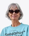 Smiling Old Woman in Oversize Sweatshirt & Sweatpants Mockup
