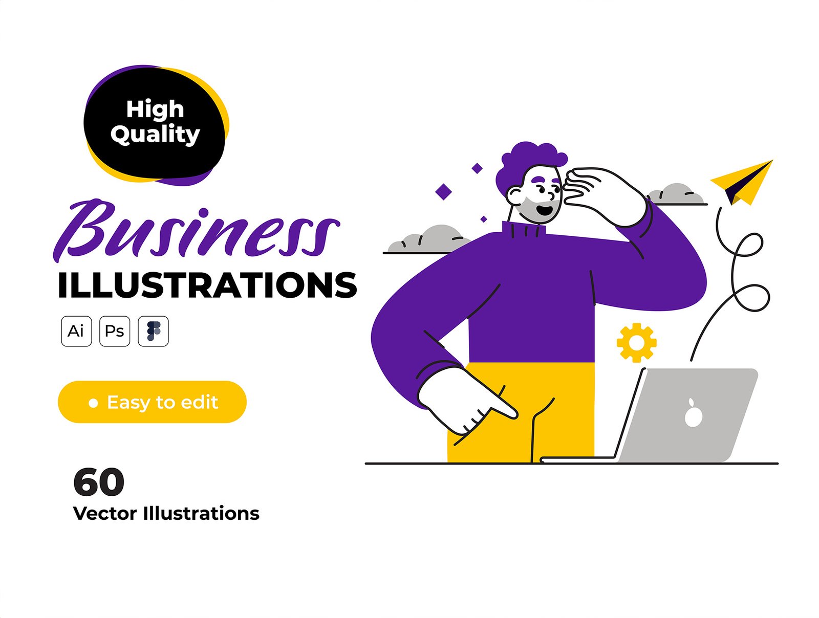 Flat Business Illustration Pack – Bold Purple &amp; Yellow