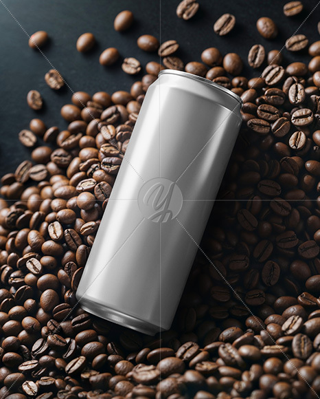 Drink Can on a Stack of Coffee Beans Mockup