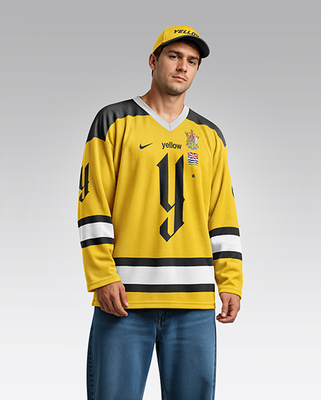 Man Wearing Ice Hockey Jersey and Cap Mockup