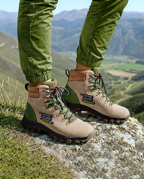 Pair of Hiking Boots on Woman's Legs Mockup - Shoe mockups