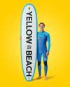 Surfer Wearing Wetsuit with Longboard Mockup
