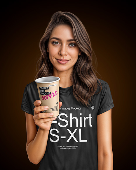 Woman Wearing a T-shirt Holding 16oz Paper Cup Mockup