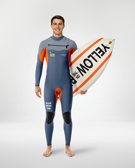 Surfer in Wetsuit with Shortboard Mockup