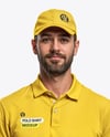 Delivery Man Wearing Polo Shirt and Baseball Cap Holding Box Mockup