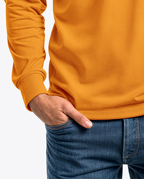 Man Wearing Long-Sleeve Polo Shirt and Jeans Mockup
