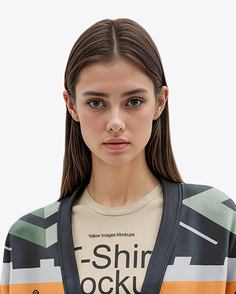 Woman Wearing a Cardigan and T-shirt Mockup