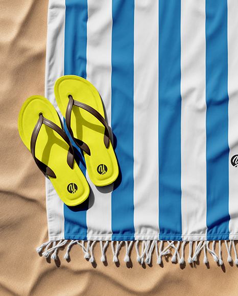 Beach Towel with Straw Hat and Flip-Flops Mockup
