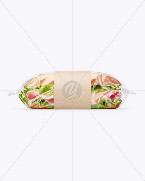 Clear Plastic Flow-Pack with Sandwich in Kraft Paper Sleeve Mockup