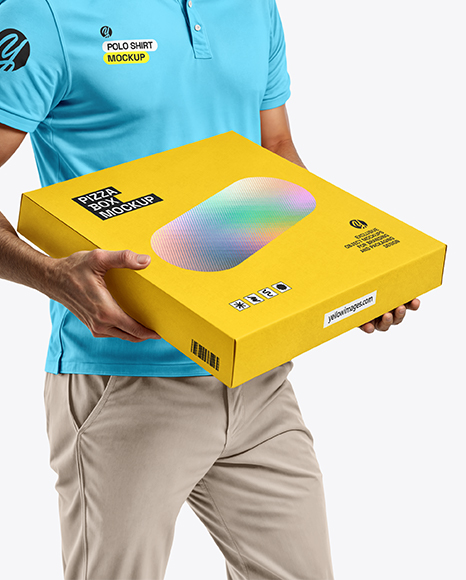 Delivery Man with Pizza Box Wearing Polo Shirt Mockup