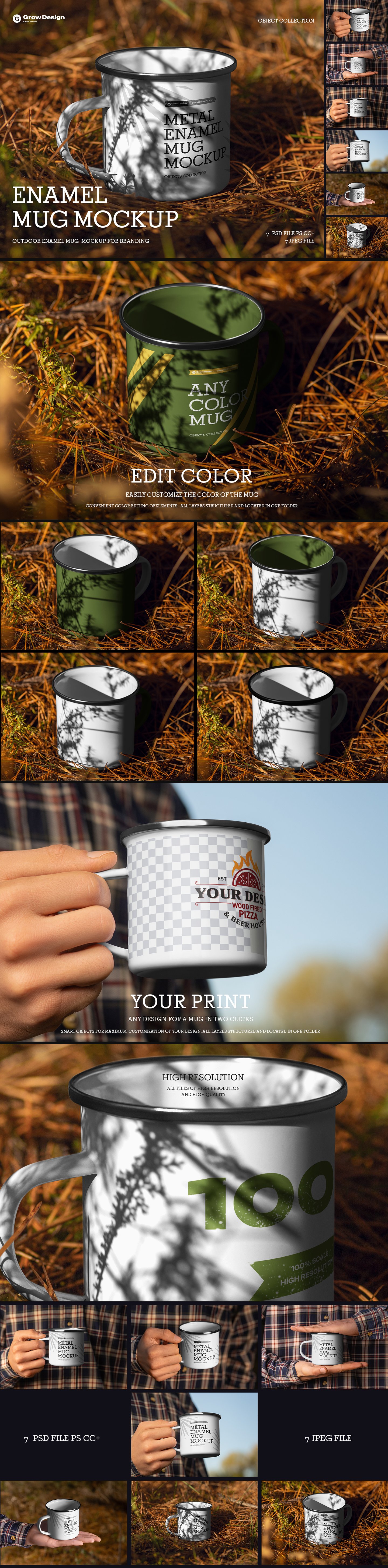 7 Mockups of Enamel Metal Mug in the Hand Man On The Outdoor