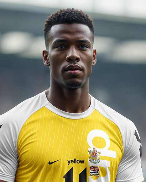 Soccer Player Wearing a Crew Neck Jersey and Shorts at the Stadium Mockup