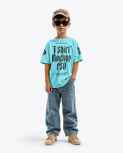 Boy Wearing Oversize T-Shirt and Baseball Cap Mockup - Snapback cap psd mockup
