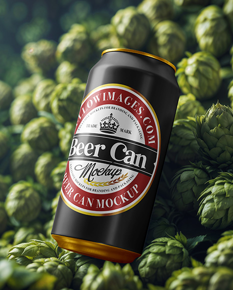 Beer Can on Fresh Hops Background Mockup