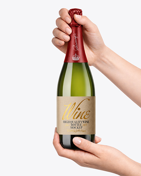 Green Glass Champagne Bottle in Hands Mockup