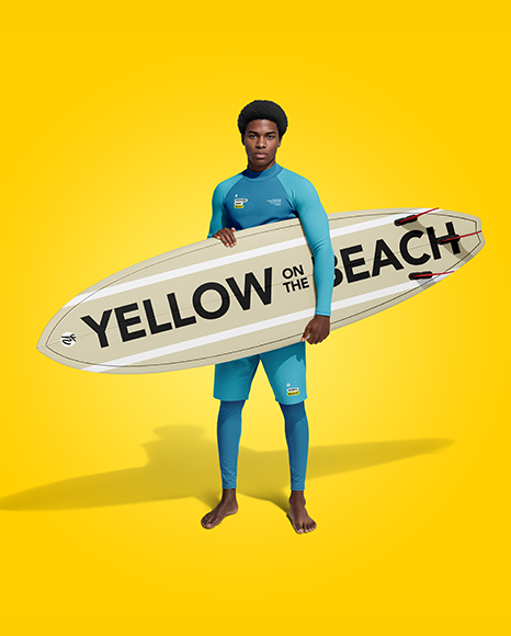 Man Wearing Rashguard Jersey and Shorts with Surfboard Mockup