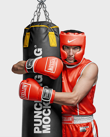 Man Wearing Boxing Uniform with Punching Bag Mockup - Kit mockup psd