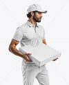 Delivery Man with Pizza Box Wearing Polo Shirt Mockup