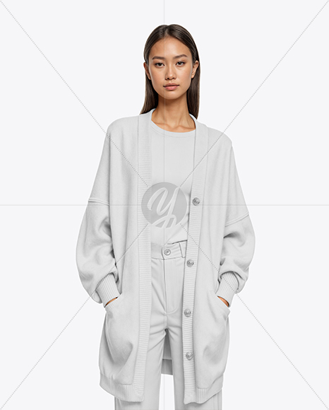 Young Asian Woman Wearing Cardigan and T-Shirt Mockup