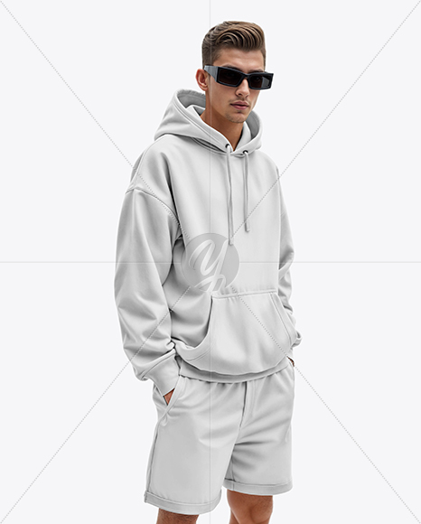 Young Man Wearing Oversize Hoodie and Shorts Mockup